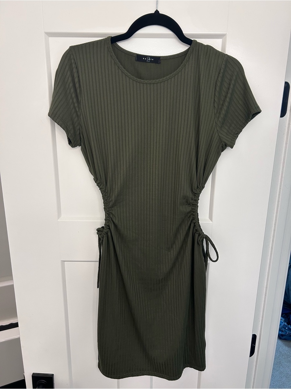 Olive Ribbed Midi Dress with Side Tie Detail